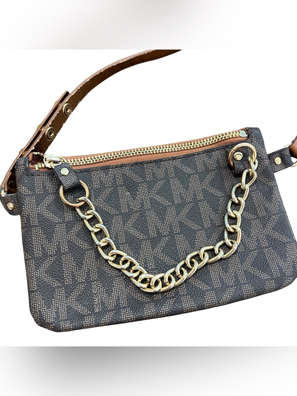 Michael Kors Belt Bag Brown Monogram Logo Print Leather Waist Pack Crossbody - Picture 5 of 10